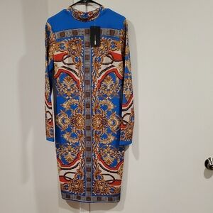 Blue Baroque-Print Long Sleeve Midi Dress